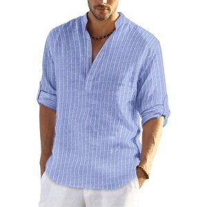 Men's Blue Striped Cotton Linen Henley T-shirt Long Sleeve Casual Beach Button